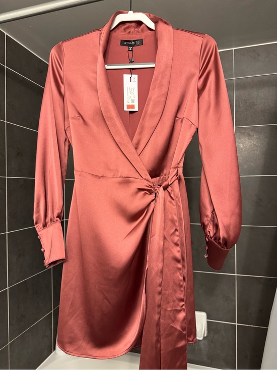 Dynamite Dresses & Skirts - Dynamite Mauve Satin Wrap Dress with Long Sleeves